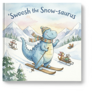 Swoosh the Snow-saurus book cover with an illustrated dinosaur on skis on a mountain